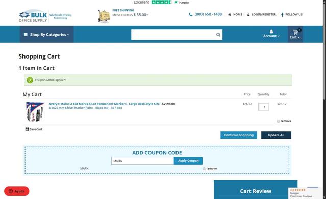 Bulk Office Supply checkout page showing Bulk Office Supply coupon code box | Screenshot taken by SimplyCodes community member on Jun 28, 2025