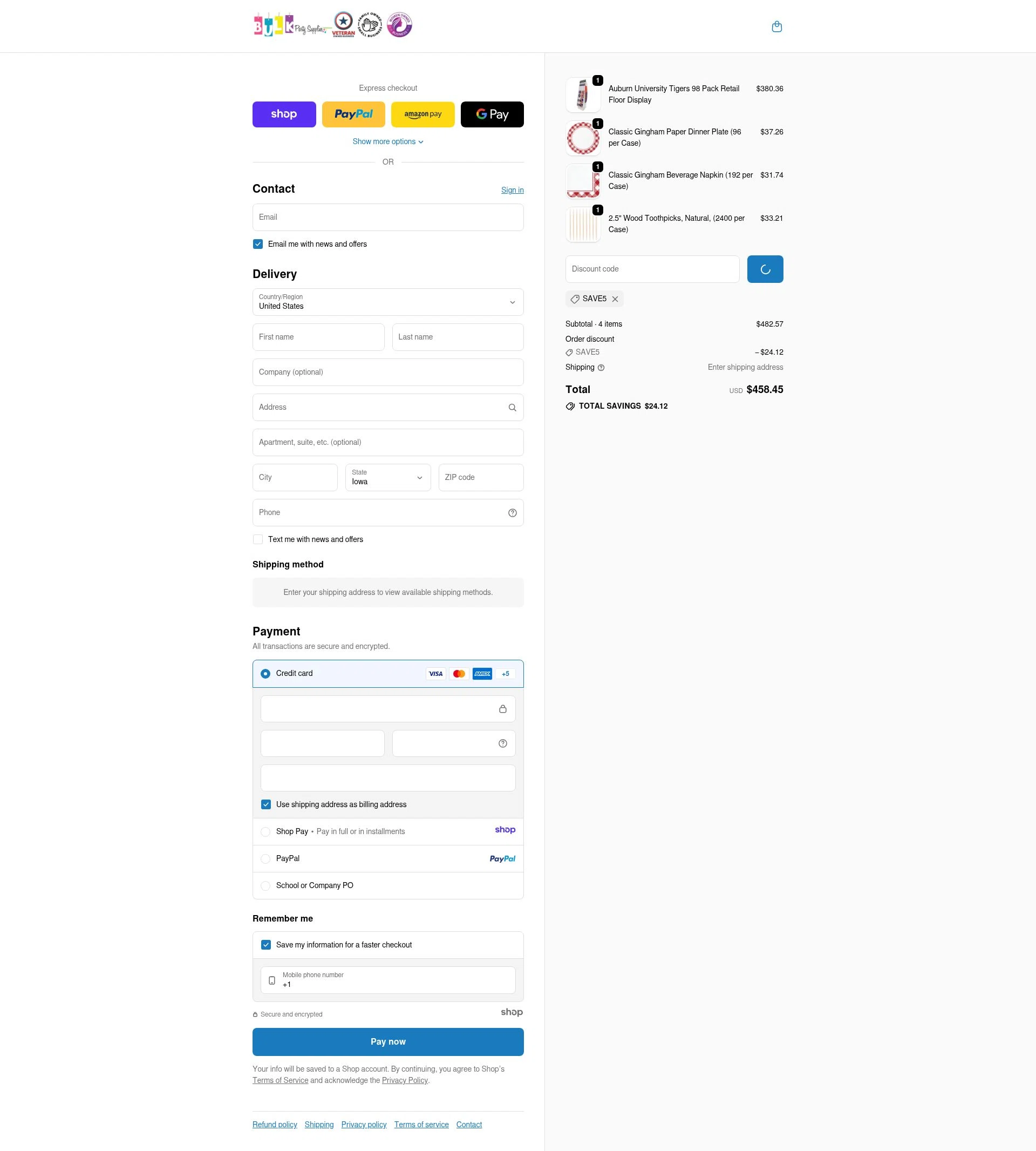 Bulk Party Supplies checkout page showing Bulk Party Supplies promo code box | Screenshot taken by SimplyCodes community member on Jan 4, 2026