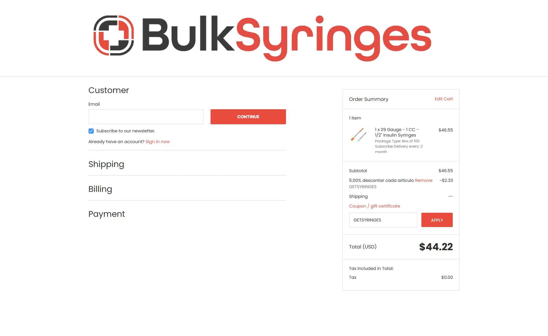 Bulk Syringes checkout page showing Bulk Syringes coupon code box | Screenshot taken by SimplyCodes community member on Dec 22, 2025