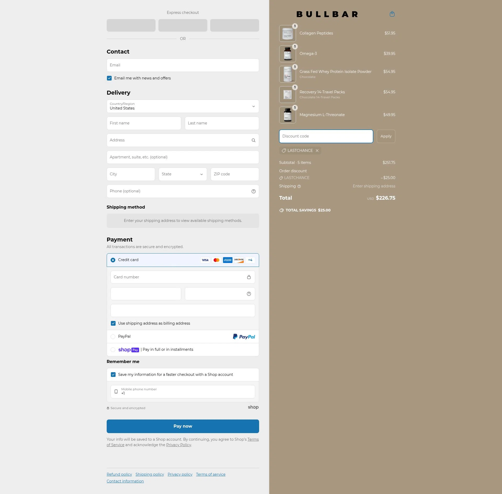 Bullbar Fitness checkout page showing Bullbar Fitness promo code box | Screenshot taken by SimplyCodes community member on Apr 26, 2025