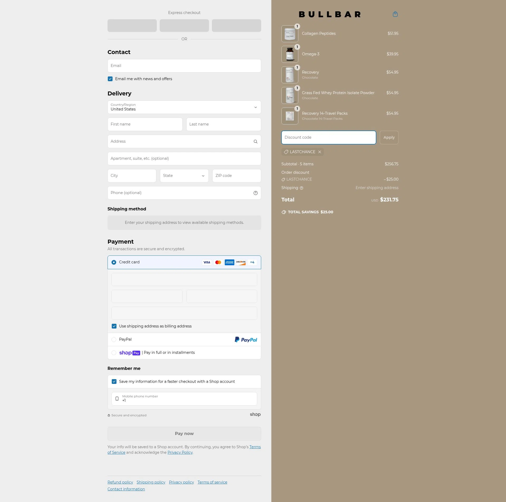 Bullbar Fitness checkout page showing Bullbar Fitness promo code box | Screenshot taken by SimplyCodes community member on Apr 8, 2025