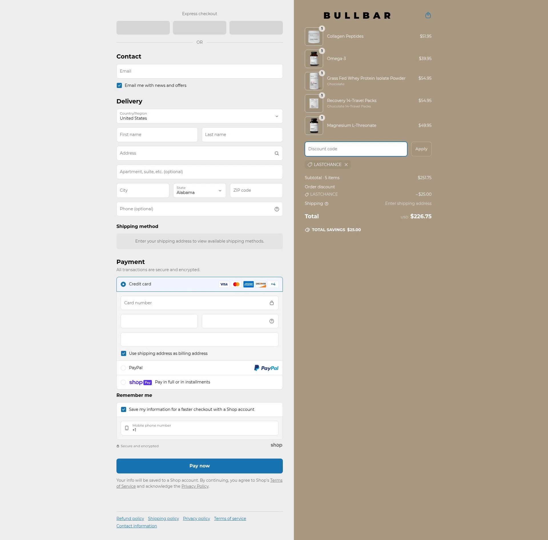 Bullbar Fitness checkout page showing Bullbar Fitness promo code box | Screenshot taken by SimplyCodes community member on May 4, 2025