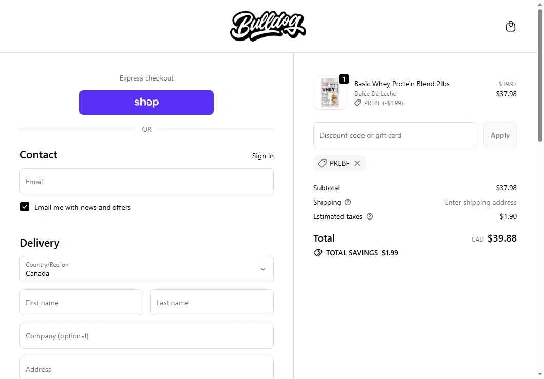 Bulldog Nutrition CA checkout page showing Bulldog Nutrition CA promo code box | Screenshot taken by SimplyCodes community member on Nov 16, 2025