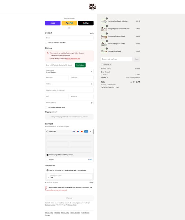 Bulldog Skincare checkout page showing Bulldog Skincare promo code box | Screenshot taken by SimplyCodes community member on Sep 1, 2025