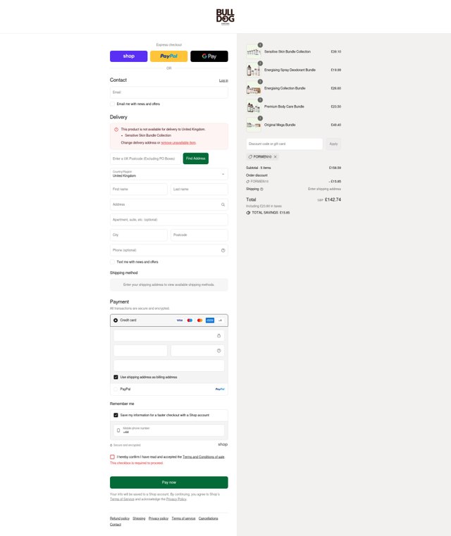 Bulldog Skincare checkout page showing Bulldog Skincare promo code box | Screenshot taken by SimplyCodes community member on Sep 1, 2025