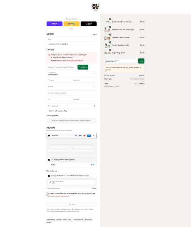 Bulldog Skincare checkout page showing Bulldog Skincare promo code box | Screenshot taken by SimplyCodes community member on Sep 1, 2025