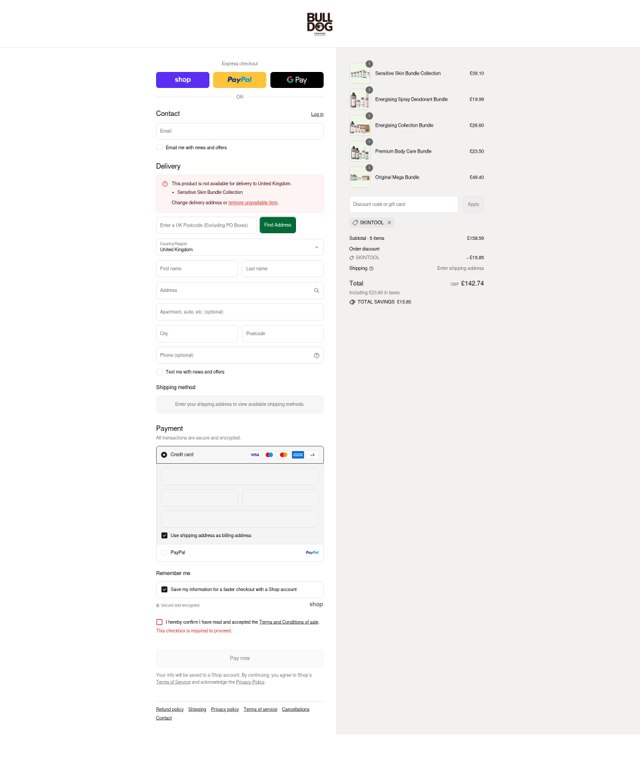 Bulldog Skincare checkout page showing Bulldog Skincare promo code box | Screenshot taken by SimplyCodes community member on Sep 1, 2025