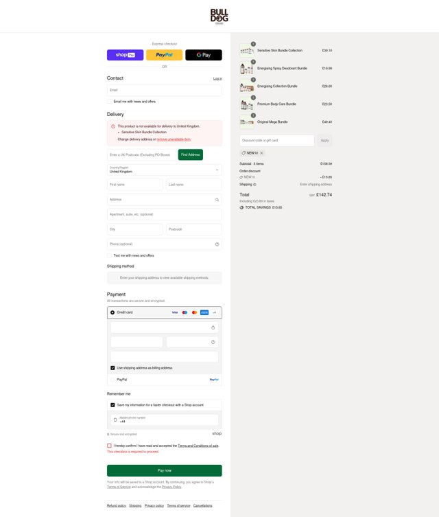 Bulldog Skincare checkout page showing Bulldog Skincare promo code box | Screenshot taken by SimplyCodes community member on Aug 28, 2025