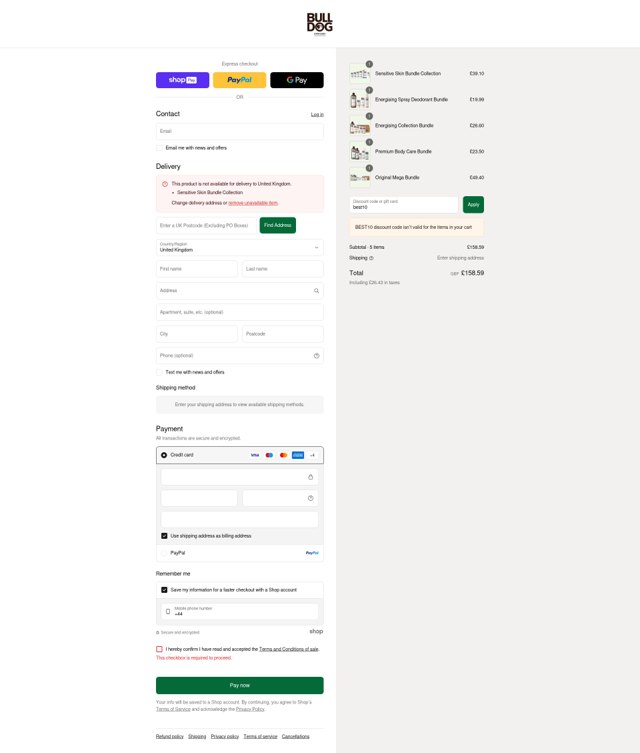 Bulldog Skincare checkout page showing Bulldog Skincare promo code box | Screenshot taken by SimplyCodes community member on Aug 28, 2025