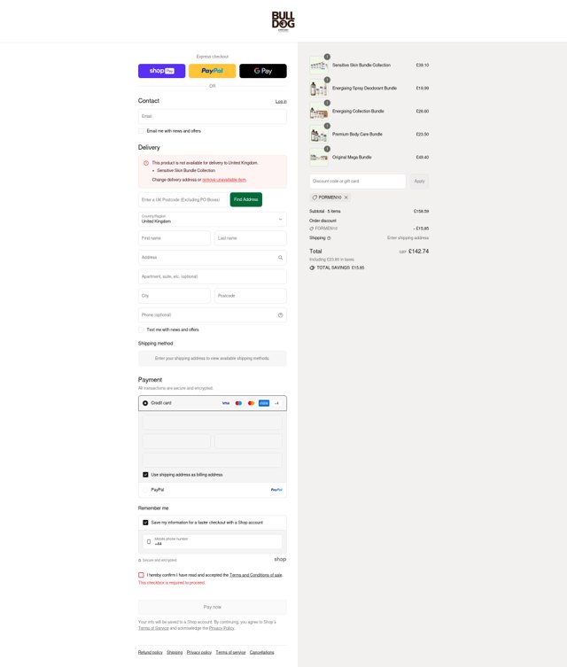 Bulldog Skincare checkout page showing Bulldog Skincare promo code box | Screenshot taken by SimplyCodes community member on Aug 28, 2025