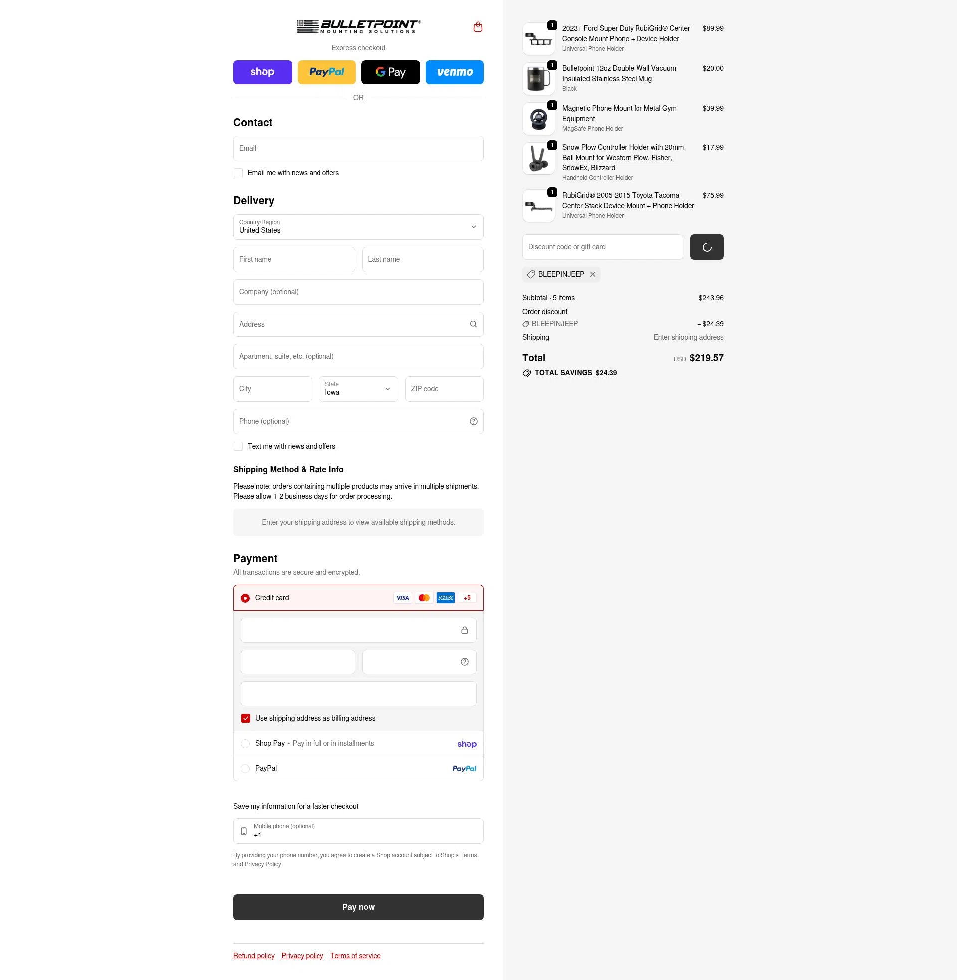 Bulletpoint Mounting Solutions checkout page showing Bulletpoint Mounting Solutions discount code box | Screenshot taken by SimplyCodes community member on Feb 20, 2026