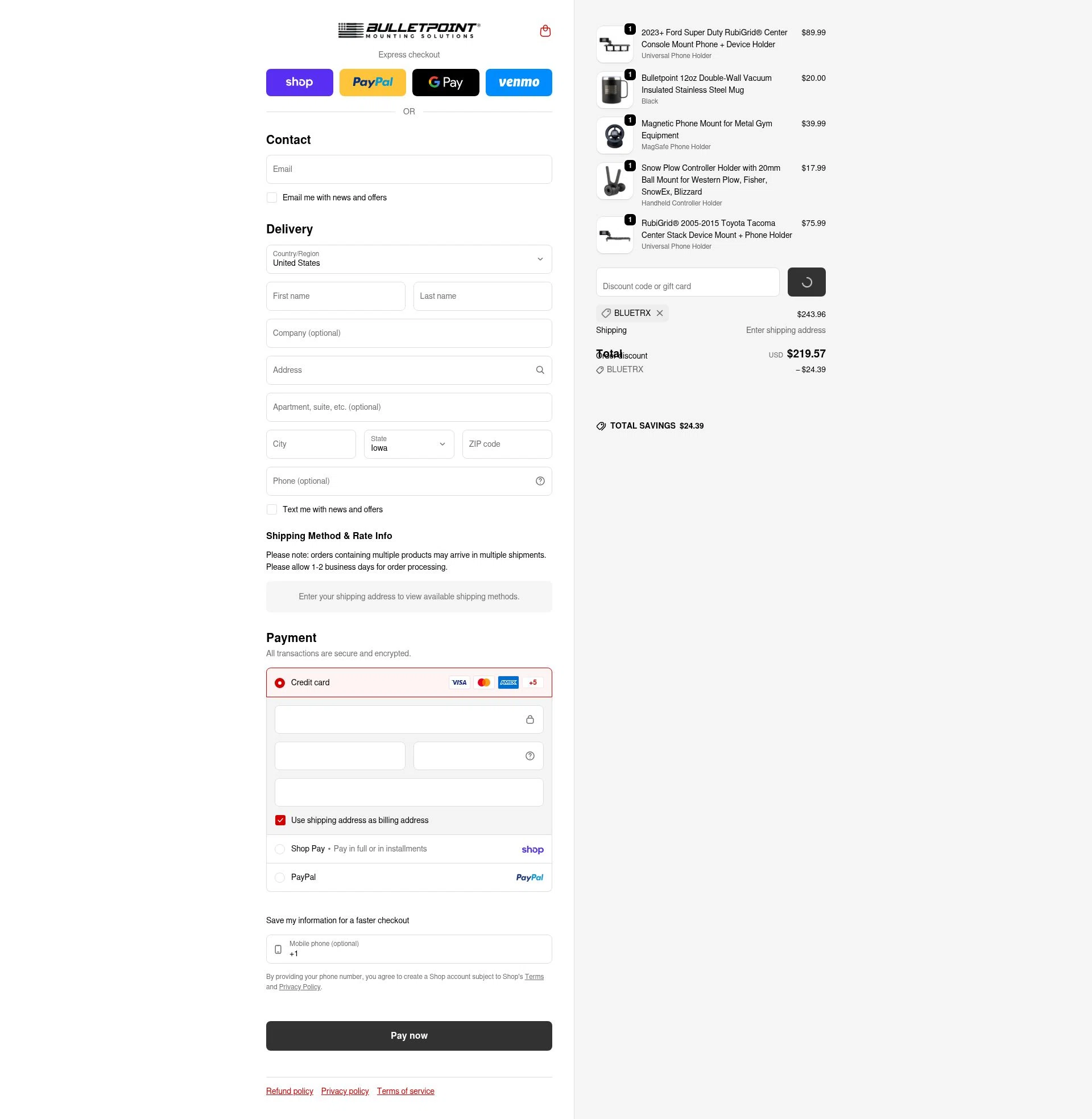 Bulletpoint Mounting Solutions checkout page showing Bulletpoint Mounting Solutions discount code box | Screenshot taken by SimplyCodes community member on Feb 20, 2026