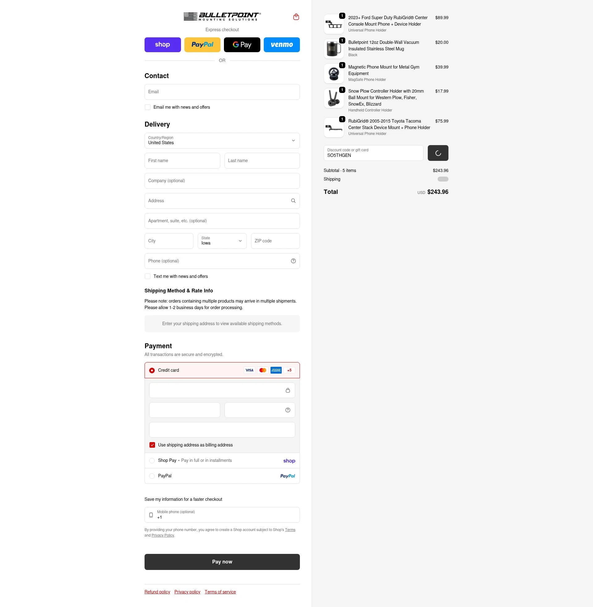 Bulletpoint Mounting Solutions checkout page showing Bulletpoint Mounting Solutions discount code box | Screenshot taken by SimplyCodes community member on Feb 20, 2026
