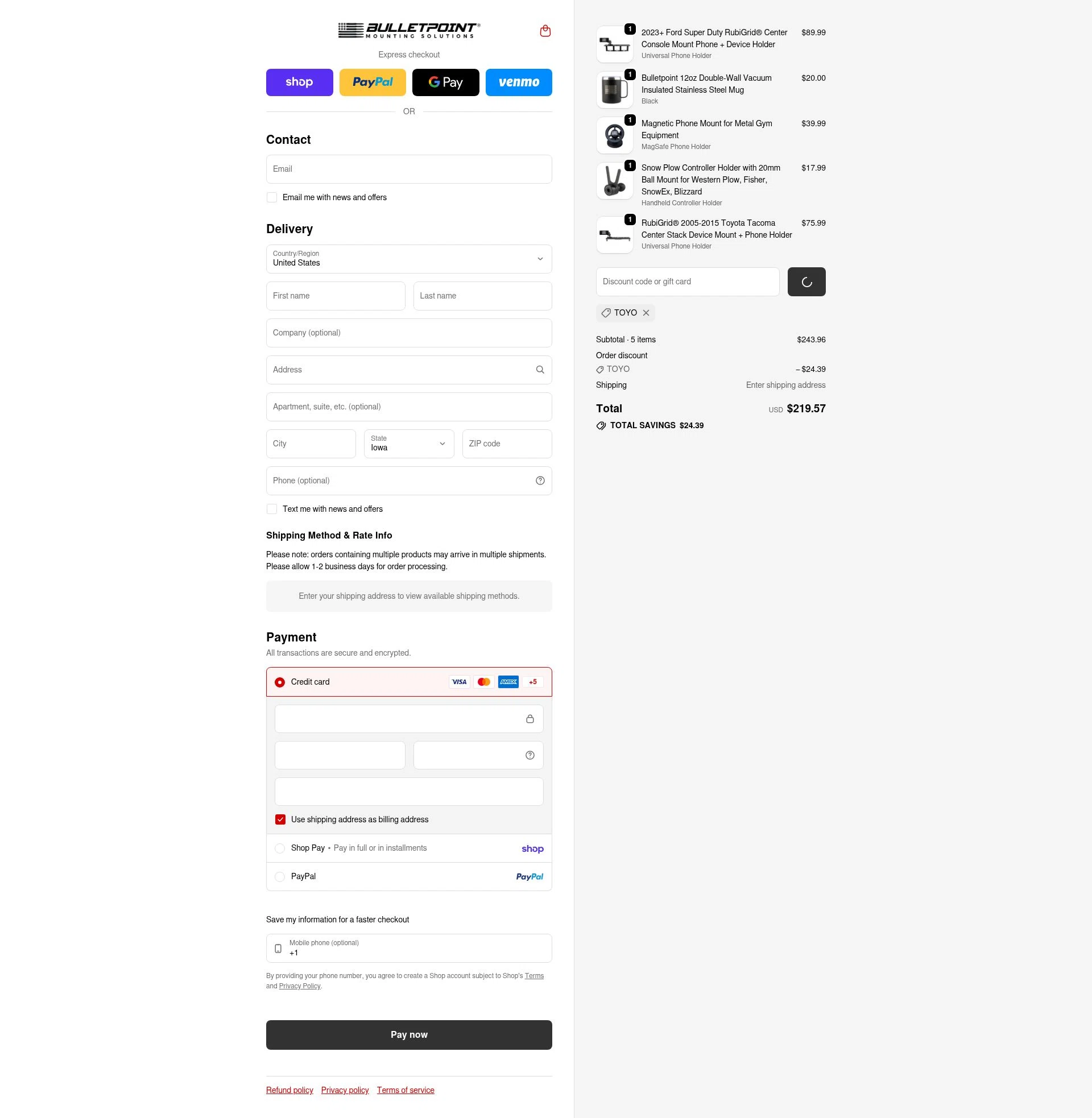 Bulletpoint Mounting Solutions checkout page showing Bulletpoint Mounting Solutions discount code box | Screenshot taken by SimplyCodes community member on Feb 20, 2026