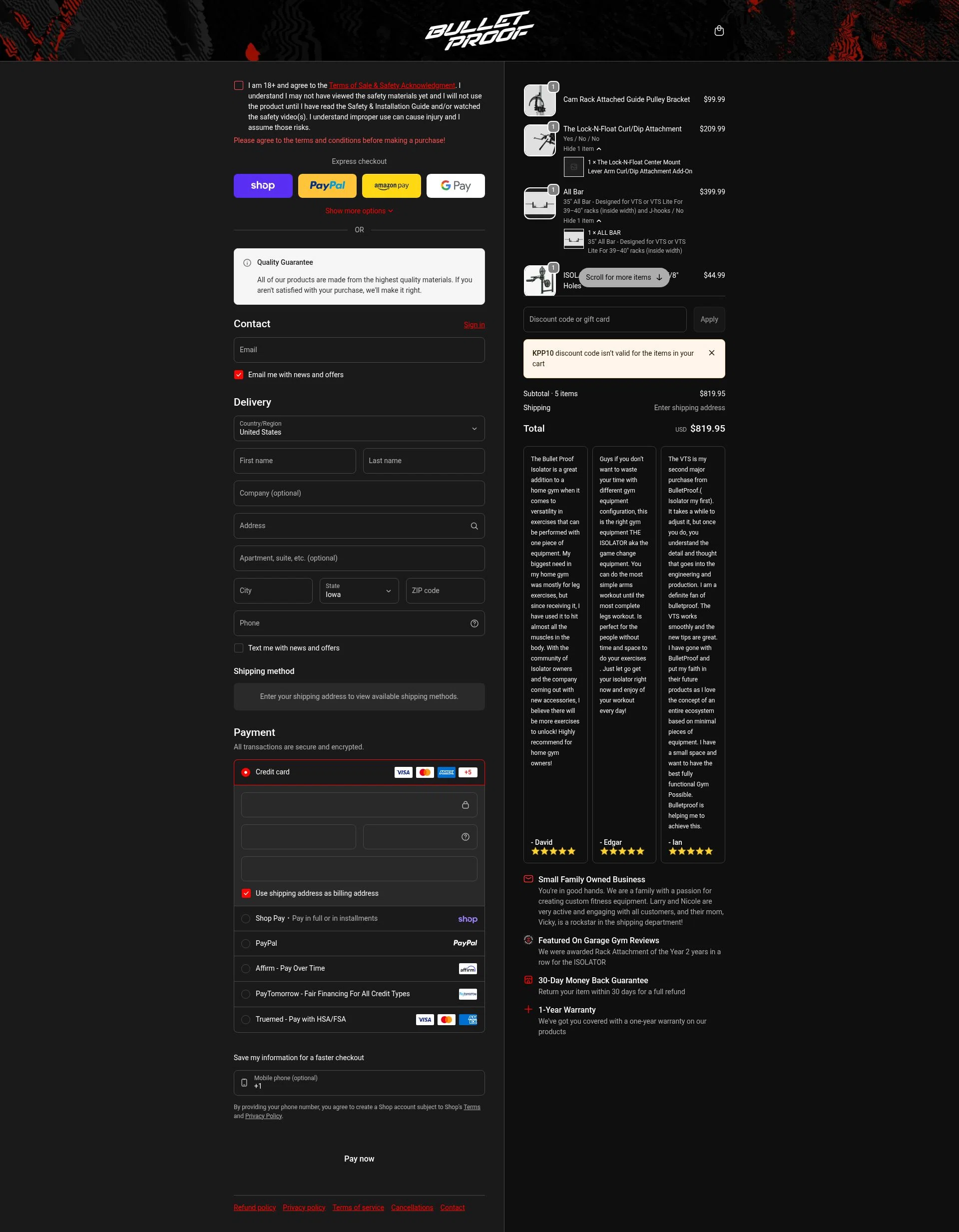 Bulletproof Fitness Equipment checkout page showing Bulletproof Fitness Equipment coupon code box | Screenshot taken by SimplyCodes community member on Feb 1, 2026