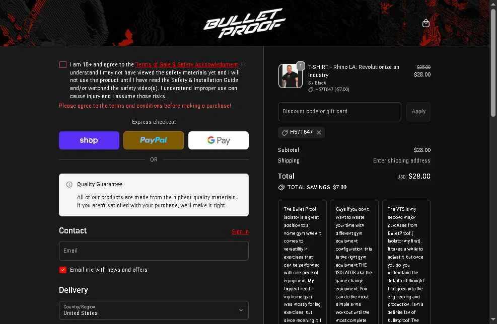 Bulletproof Fitness Equipment checkout page showing Bulletproof Fitness Equipment coupon code box | Screenshot taken by SimplyCodes community member on Feb 2, 2026
