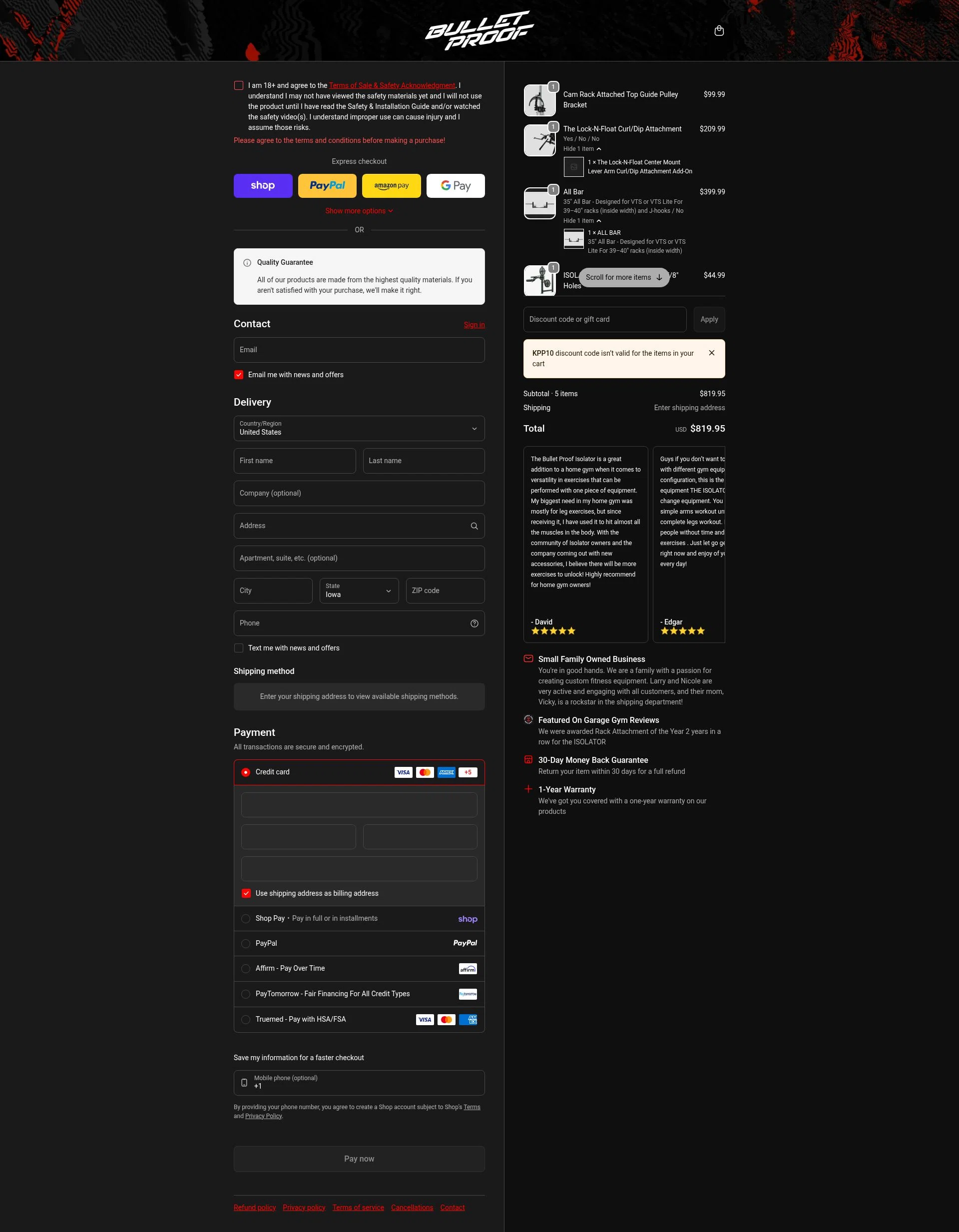 Bulletproof Fitness Equipment checkout page showing Bulletproof Fitness Equipment coupon code box | Screenshot taken by SimplyCodes community member on Feb 9, 2026