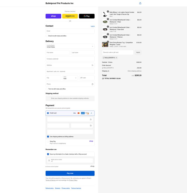 Bulletproof Pet Products checkout page showing Bulletproof Pet Products coupon code box | Screenshot taken by SimplyCodes community member on Sep 5, 2025