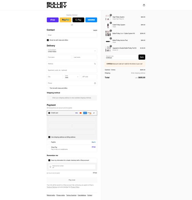 Bullet Pulley checkout page showing Bullet Pulley discount code box | Screenshot taken by SimplyCodes community member on Sep 6, 2025