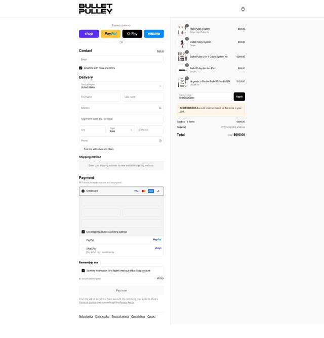 Bullet Pulley checkout page showing Bullet Pulley discount code box | Screenshot taken by SimplyCodes community member on Sep 10, 2025