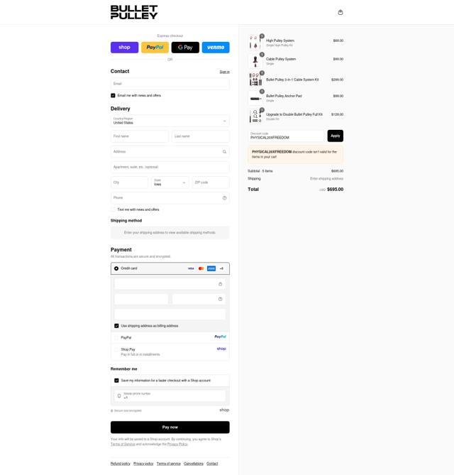 Bullet Pulley checkout page showing Bullet Pulley discount code box | Screenshot taken by SimplyCodes community member on Sep 10, 2025