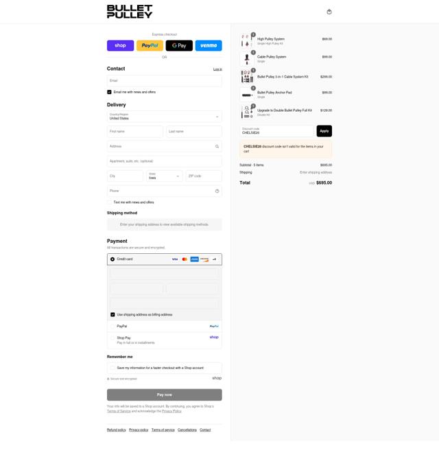 Bullet Pulley checkout page showing Bullet Pulley discount code box | Screenshot taken by SimplyCodes community member on Sep 6, 2025
