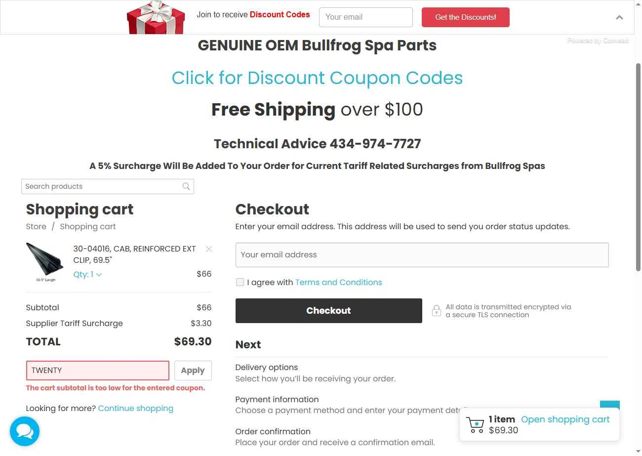 Bullfrog Spa Parts checkout page showing Bullfrog Spa Parts coupon code box | Screenshot taken by SimplyCodes community member on Aug 15, 2025