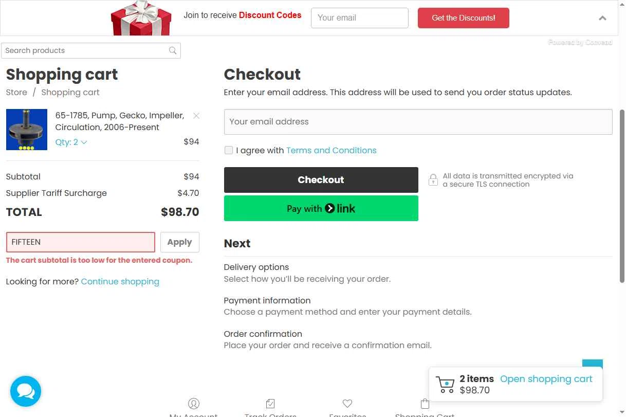 Bullfrog Spa Parts checkout page showing Bullfrog Spa Parts coupon code box | Screenshot taken by SimplyCodes community member on Jan 12, 2026