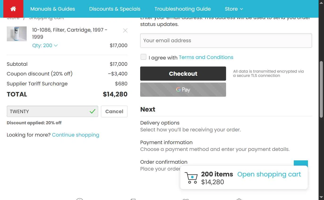 Bullfrog Spa Parts checkout page showing Bullfrog Spa Parts coupon code box | Screenshot taken by SimplyCodes community member on Aug 22, 2025