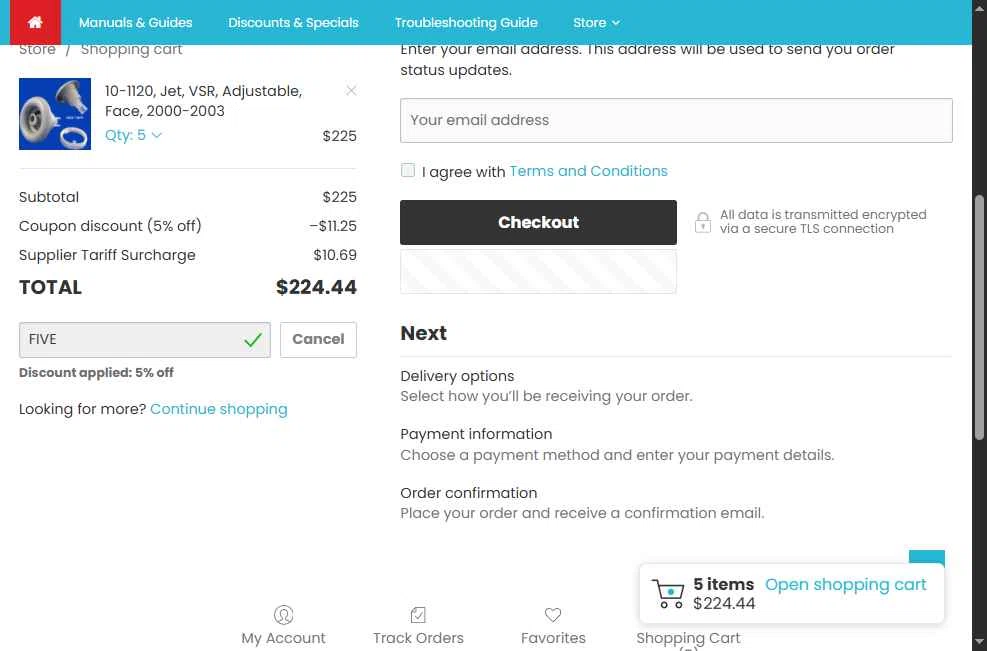 Bullfrog Spa Parts checkout page showing Bullfrog Spa Parts coupon code box | Screenshot taken by SimplyCodes community member on Jan 12, 2026