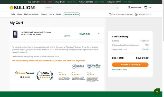 Bullion.com checkout page showing Bullion.com promo code box | Screenshot taken by SimplyCodes community member on Sep 4, 2025