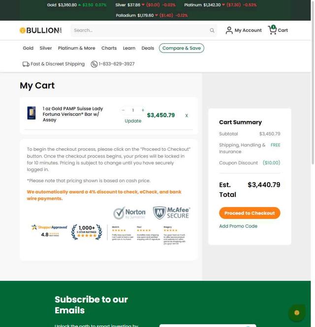 Bullion.com checkout page showing Bullion.com promo code box | Screenshot taken by SimplyCodes community member on Aug 11, 2025