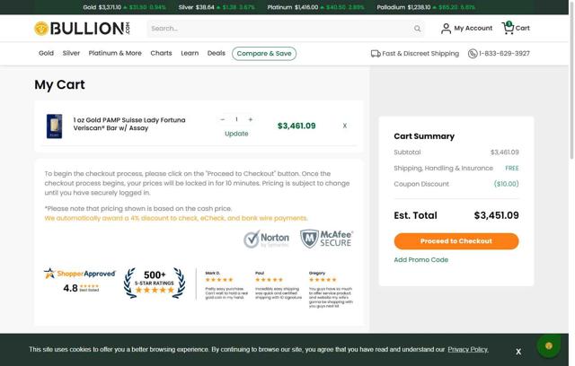 Bullion.com checkout page showing Bullion.com promo code box | Screenshot taken by SimplyCodes community member on Jul 13, 2025