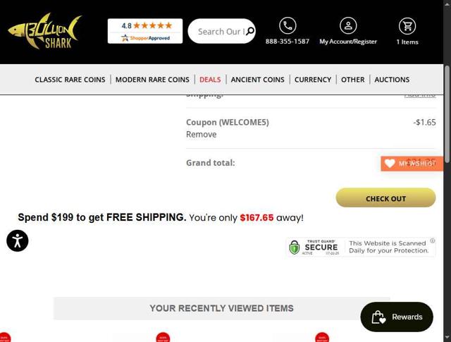 Bullion Shark checkout page showing Bullion Shark coupon code box | Screenshot taken by SimplyCodes community member on Jul 22, 2025