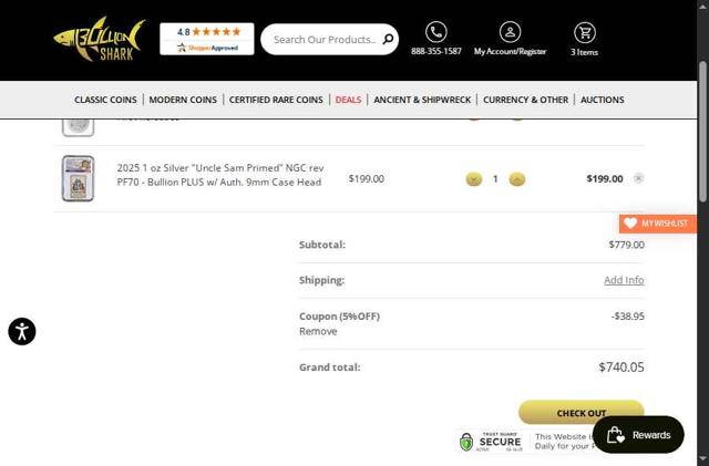Bullion Shark checkout page showing Bullion Shark coupon code box | Screenshot taken by SimplyCodes community member on Aug 19, 2025