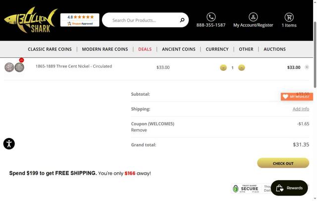 Bullion Shark checkout page showing Bullion Shark coupon code box | Screenshot taken by SimplyCodes community member on Jul 22, 2025
