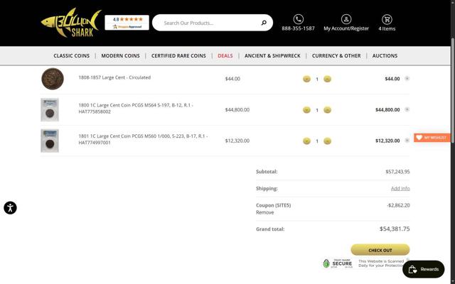 Bullion Shark checkout page showing Bullion Shark coupon code box | Screenshot taken by SimplyCodes community member on Aug 19, 2025