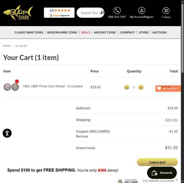 Bullion Shark checkout page showing Bullion Shark coupon code box | Screenshot taken by SimplyCodes community member on Jul 22, 2025