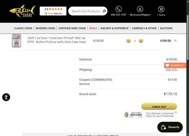 Bullion Shark checkout page showing Bullion Shark coupon code box | Screenshot taken by SimplyCodes community member on Aug 24, 2025