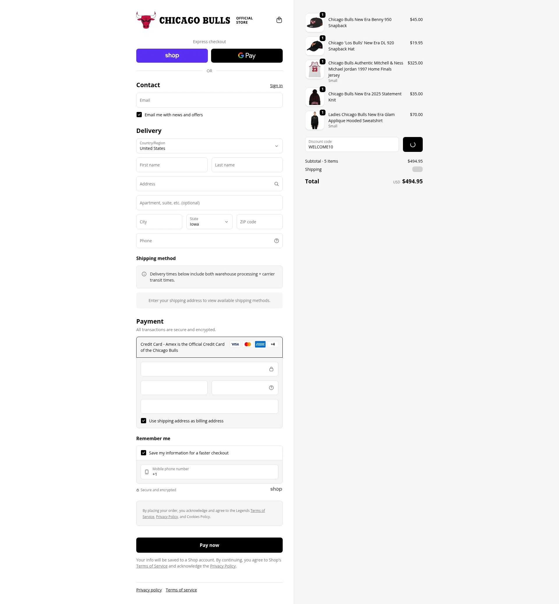 Chicago Bulls Store checkout page showing Chicago Bulls Store discount code box | Screenshot taken by SimplyCodes community member on Jan 23, 2026