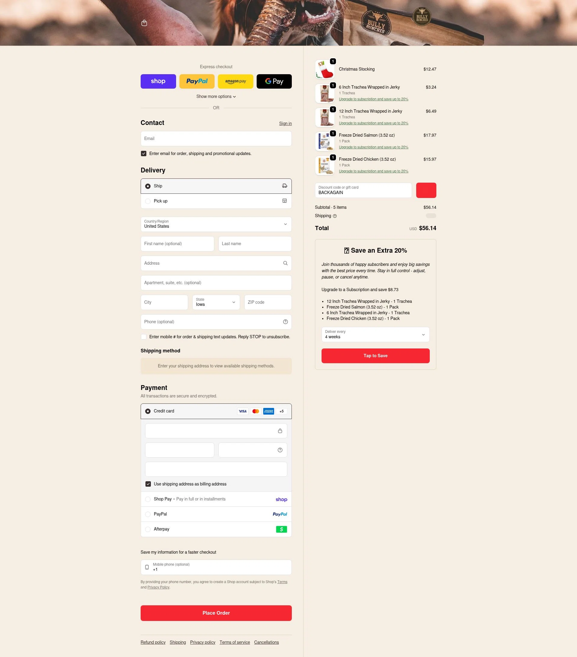 Bully Bunches checkout page showing Bully Bunches discount code box | Screenshot taken by SimplyCodes community member on Feb 1, 2026