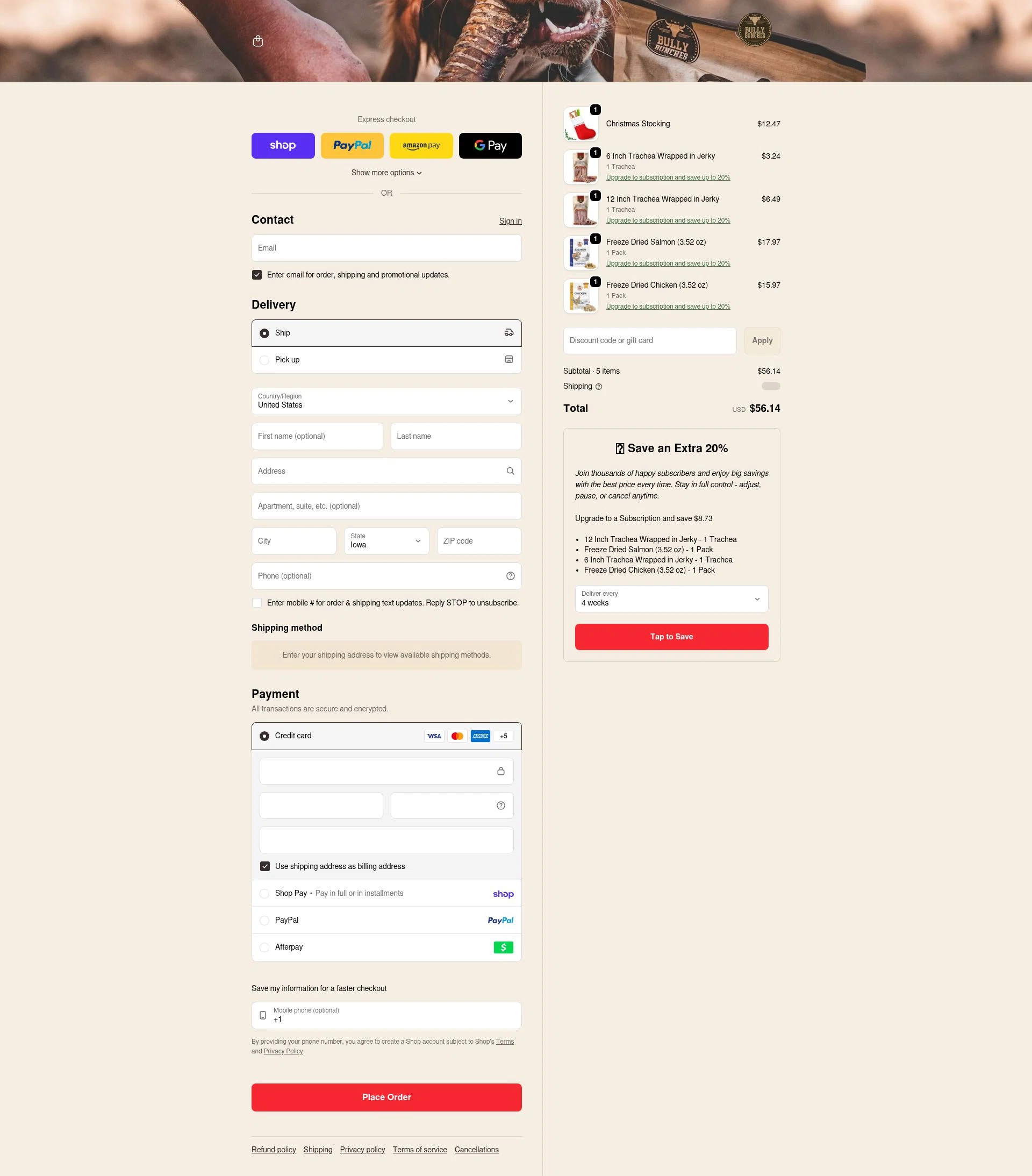 Bully Bunches checkout page showing Bully Bunches discount code box | Screenshot taken by SimplyCodes community member on Feb 1, 2026