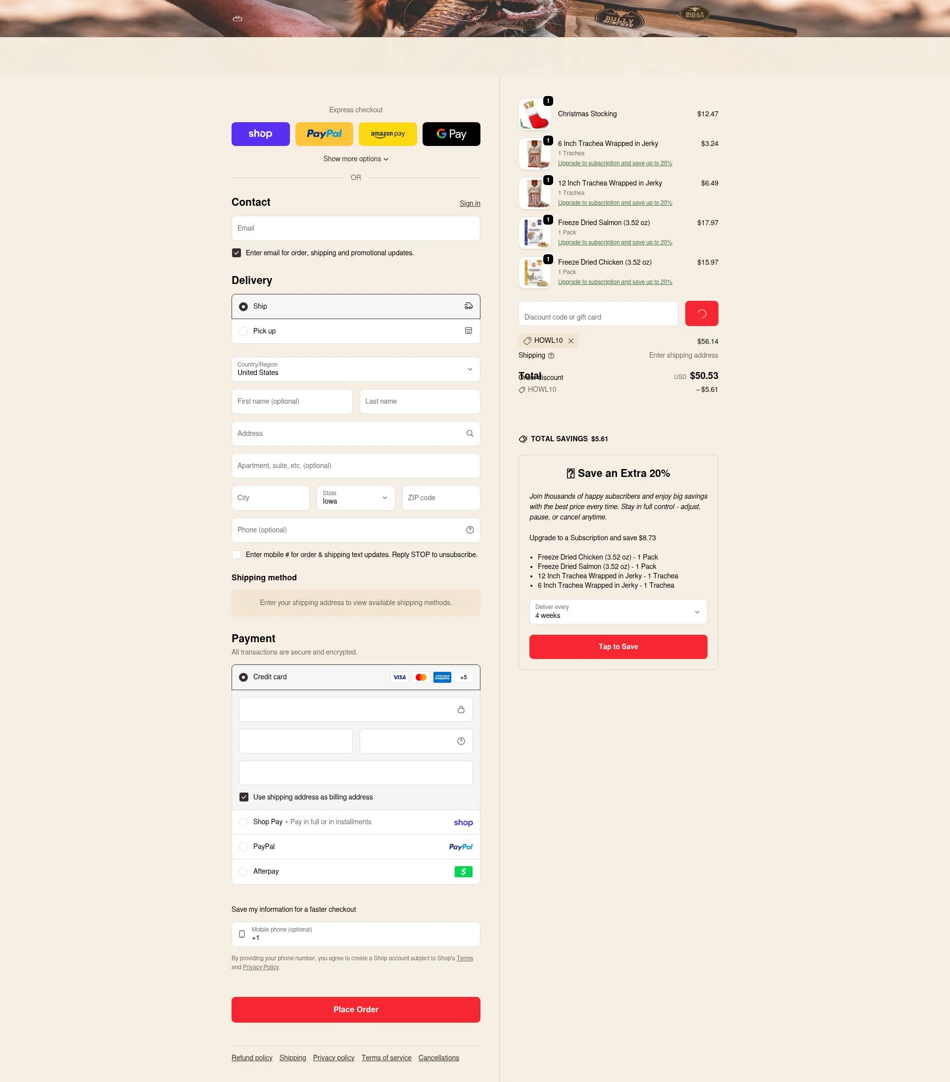 Bully Bunches checkout page showing Bully Bunches discount code box | Screenshot taken by SimplyCodes community member on Feb 5, 2026
