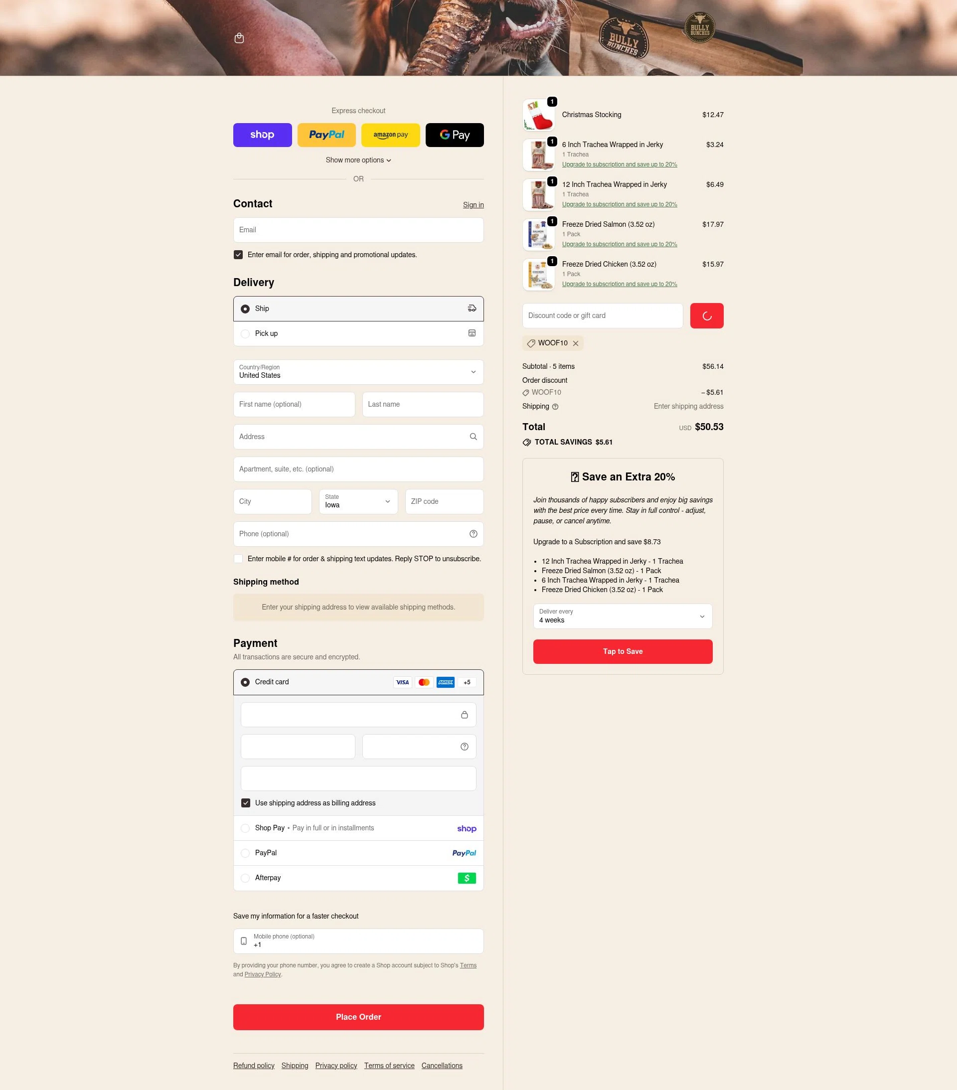 Bully Bunches checkout page showing Bully Bunches discount code box | Screenshot taken by SimplyCodes community member on Feb 1, 2026