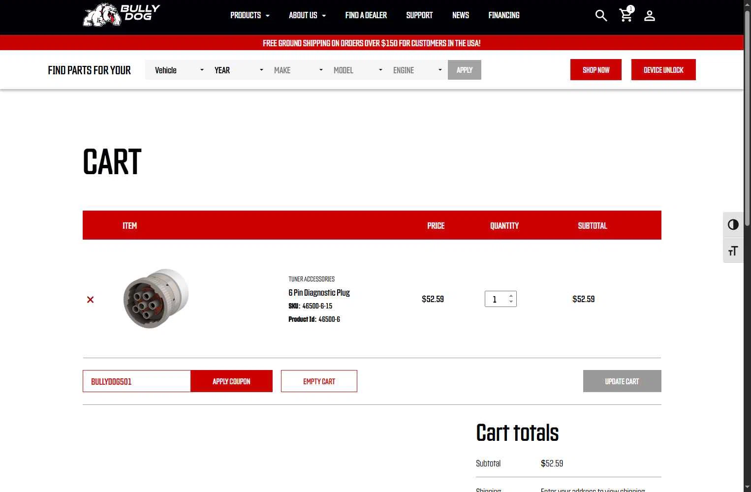 Bully Dog checkout page showing Bully Dog promo code box | Screenshot taken by SimplyCodes community member on Dec 7, 2025