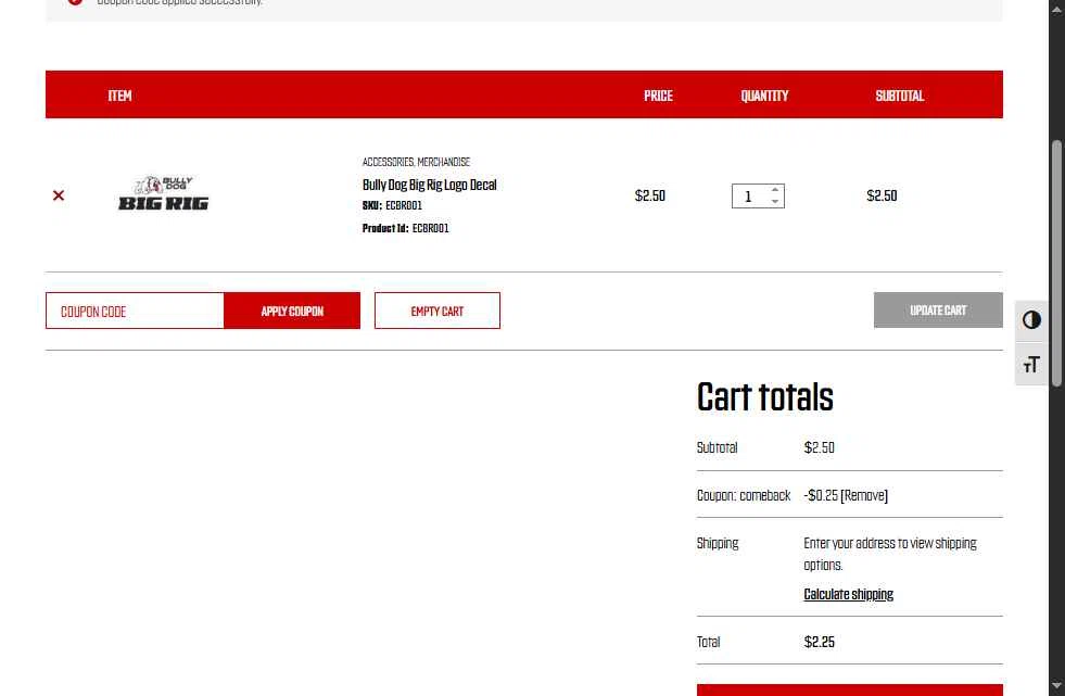 Bully Dog checkout page showing Bully Dog promo code box | Screenshot taken by SimplyCodes community member on Oct 9, 2025