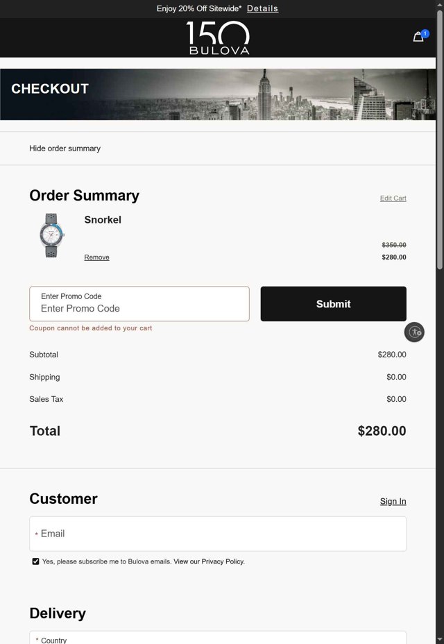 Bulova checkout page showing Bulova promo code box | Screenshot taken by SimplyCodes community member on Jul 22, 2025