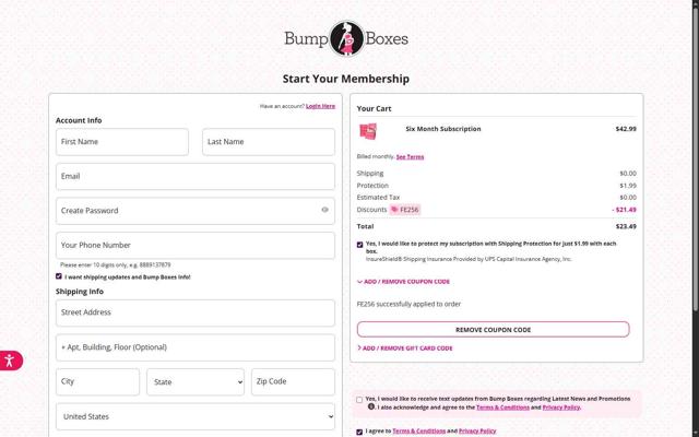 BumpBoxes checkout page showing BumpBoxes promo code box | Screenshot taken by SimplyCodes community member on Aug 23, 2025