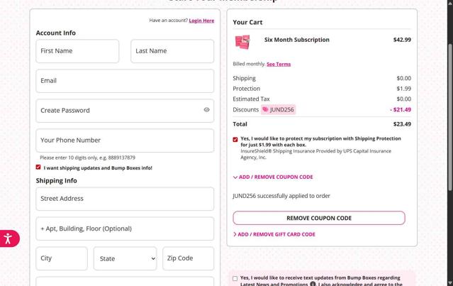 BumpBoxes checkout page showing BumpBoxes promo code box | Screenshot taken by SimplyCodes community member on Jul 25, 2025