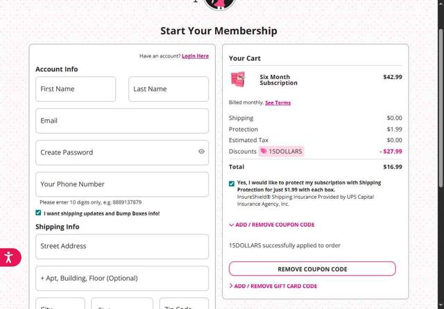 BumpBoxes checkout page showing BumpBoxes promo code box | Screenshot taken by SimplyCodes community member on Aug 21, 2025